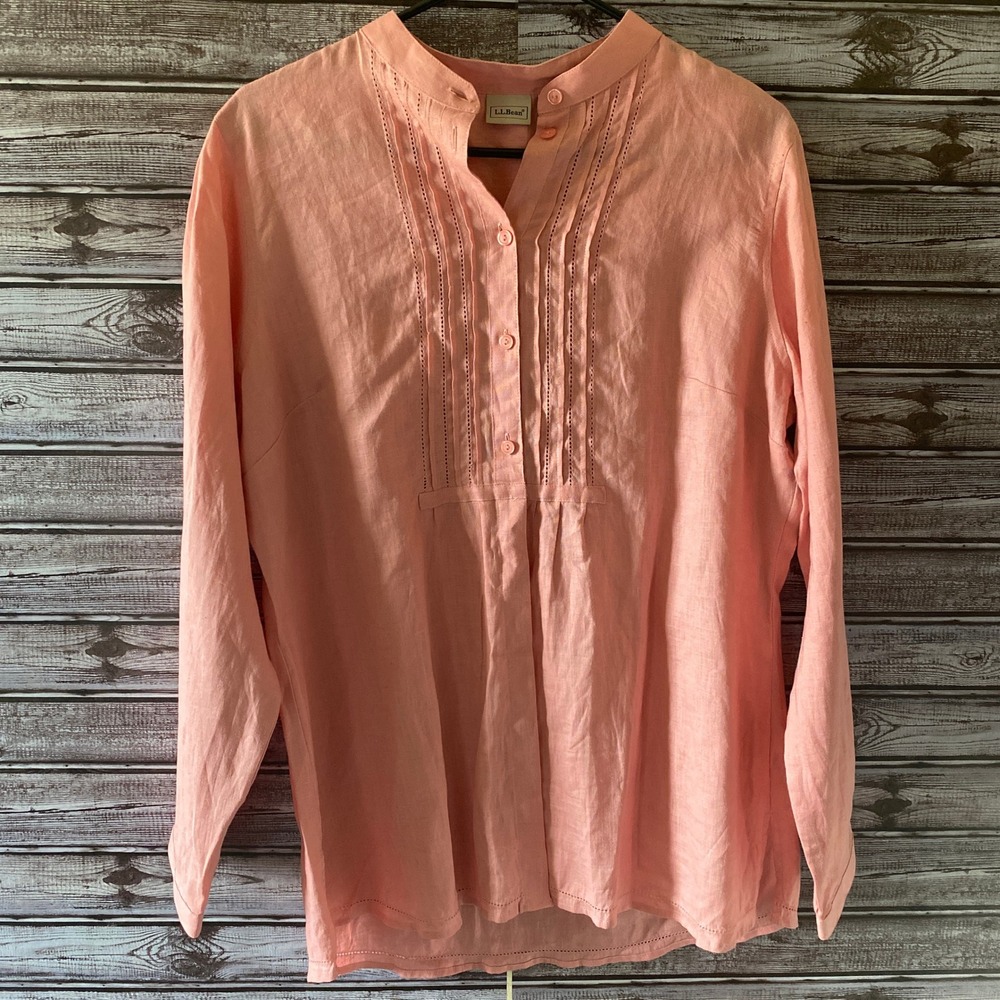 LL Bean Women's Long-Sleeved Top Size M Pink 100% Linen Pleated Button